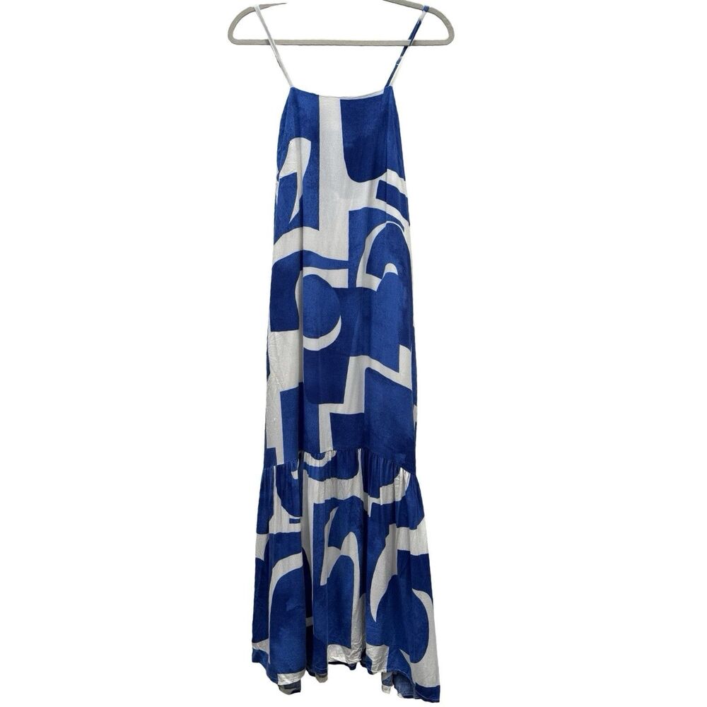 Visual Maxi Dress Women Medium Blue White Geometric Sleeveless Sundress